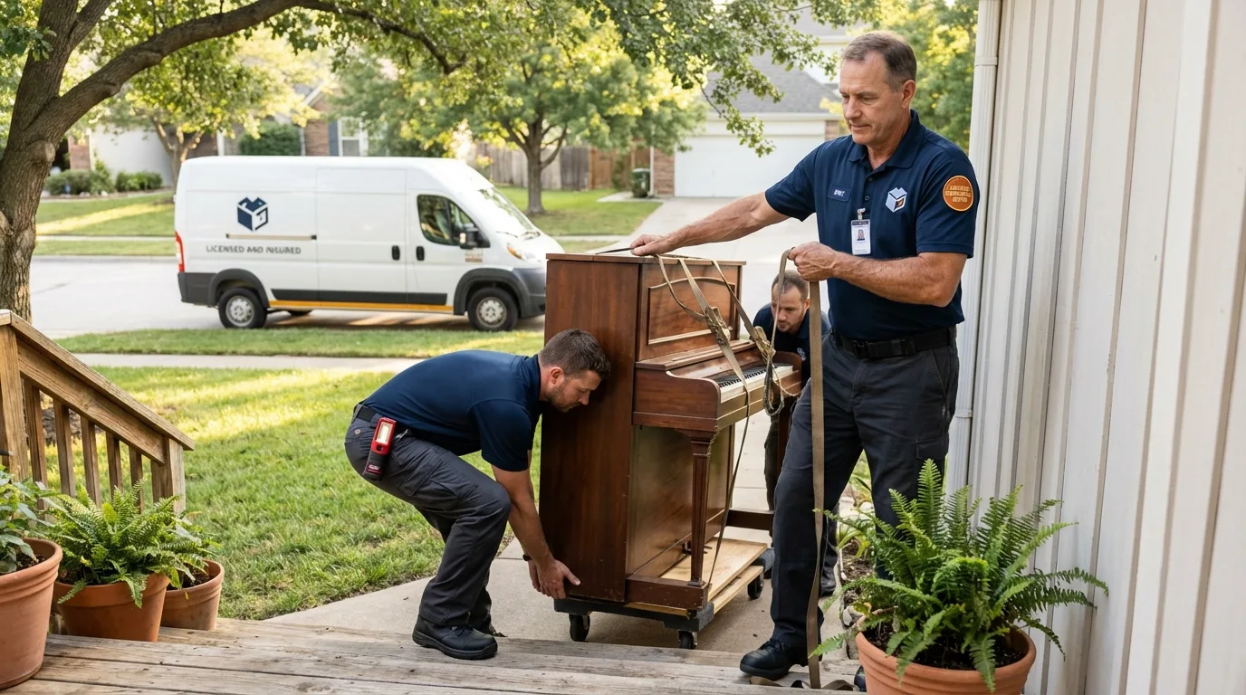 Licensed piano movers securing grand piano in Mound City, SD