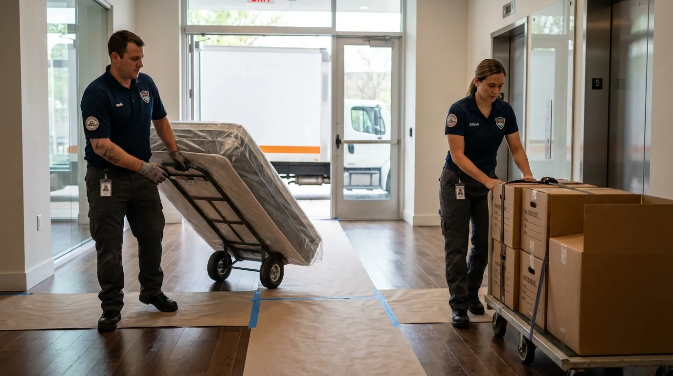 Professional apartment movers loading elevator in Mound City, SD