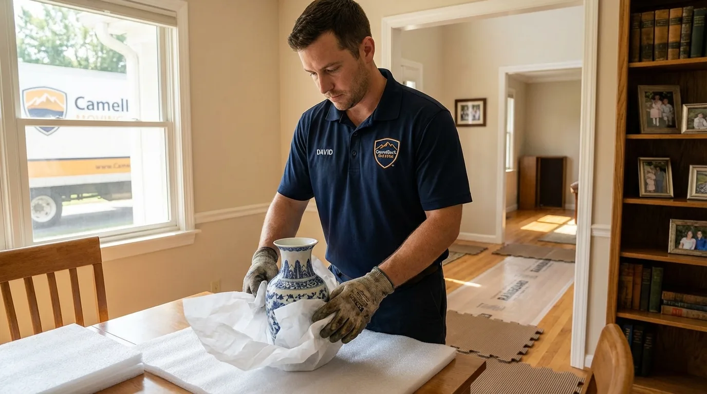 Professional crew carefully wrapping antique vase for senior downsizing move in Mound City, SD